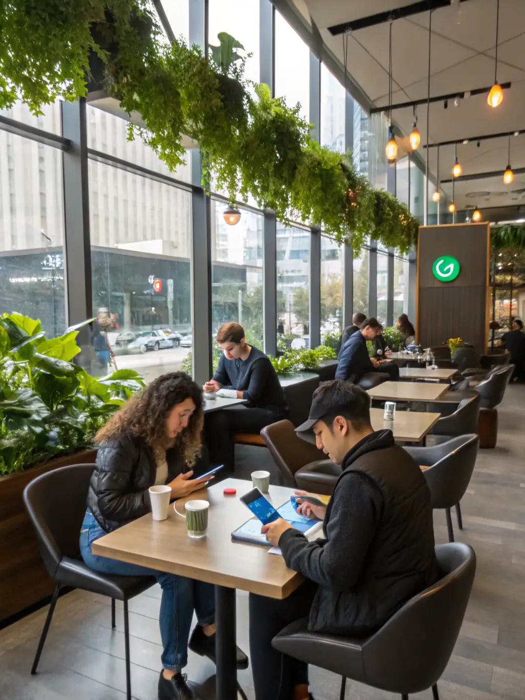 A vibrant photo of a bustling local cafe with outdoor seating, showcasing happy customers enjoying coffee and pastries. The cafe's Google Business Profile is prominently displayed on a tablet in the foreground.