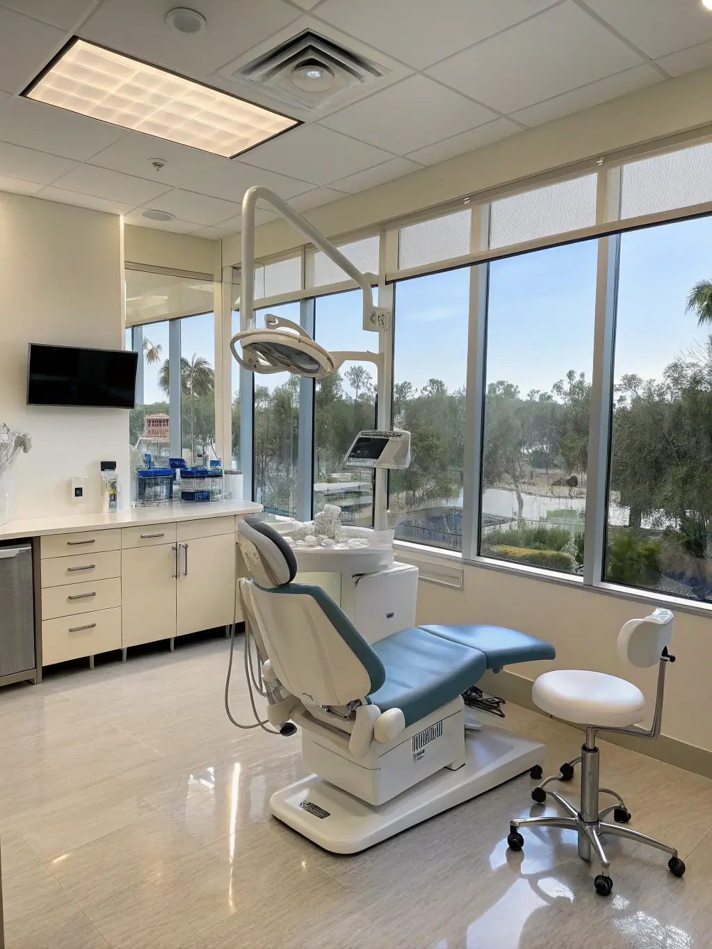 A professional photograph of a modern dental office, with a friendly dentist interacting with a patient. A computer screen in the background displays the dental practice's Google Business Profile.